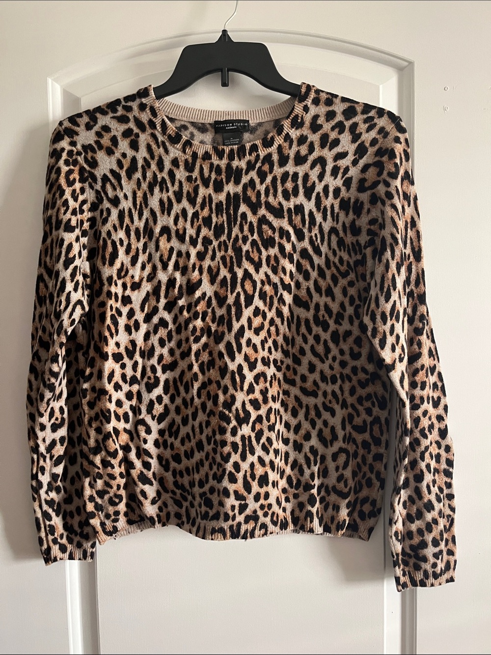 Madison Studio Cashmere Leopard Print Crewneck Sweater in Tan and Black